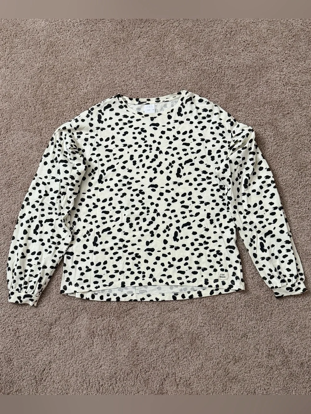 Zara Kids Cream and Black Spot Print Polkadot Cheetah Long-Sleeve Top 13-14